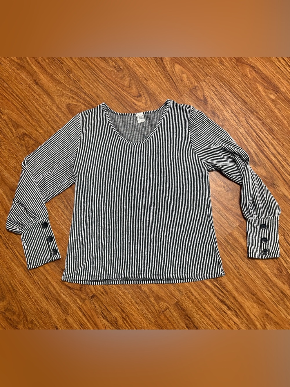Paper Crane Women's Black & White Ribbed Striped Long Sleeve Top Button Accents